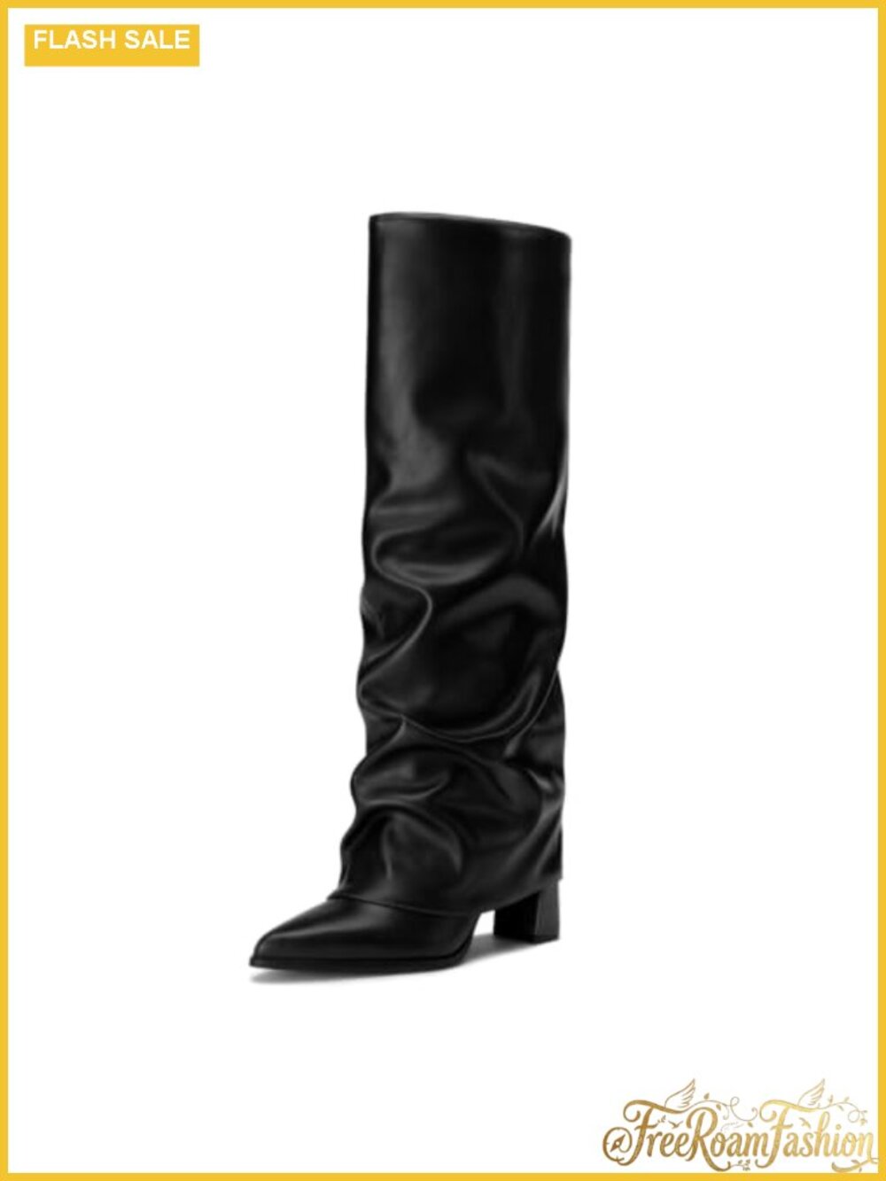 Knee High Boots Women Chunky Fold Over Tall Faux Leather Pointed Toe